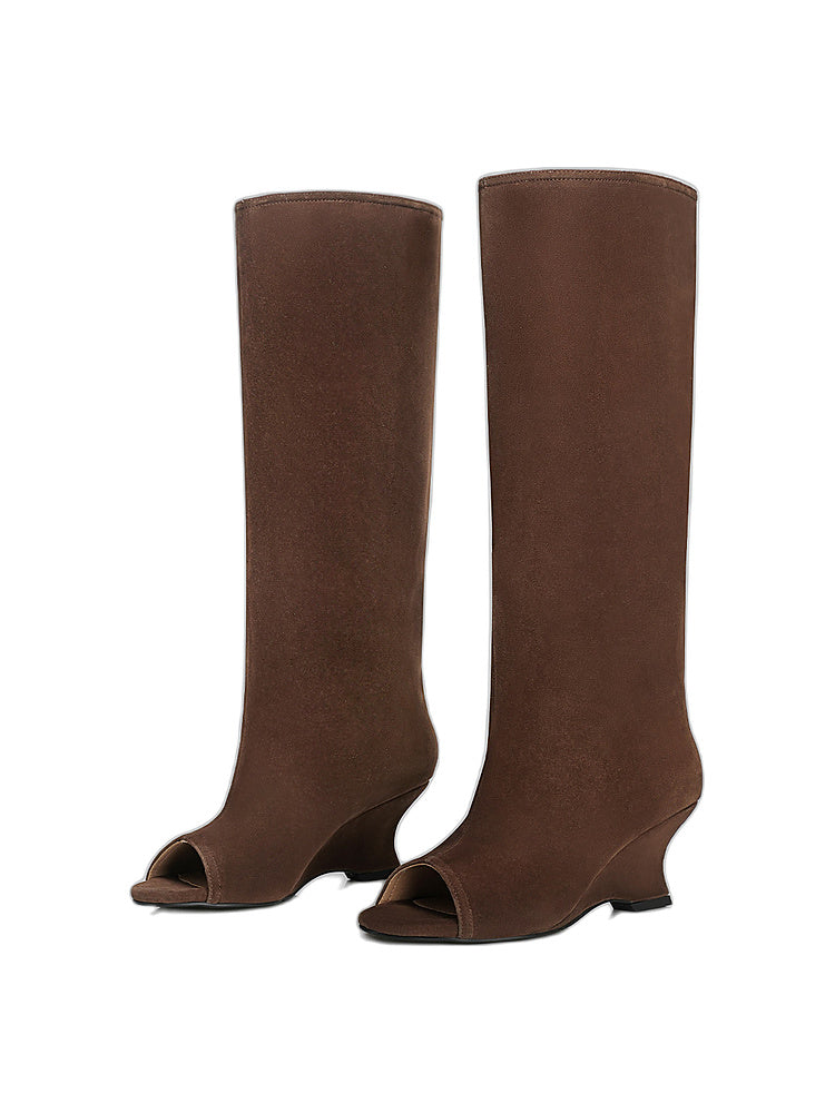 Peep-Toe Wedge Knee-High Boots