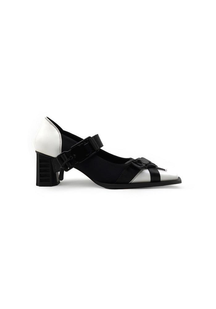 Techwear Buckle Strap Slingback Pumps 6.5CM Geometric Block Heel Square Toe Leather Heels