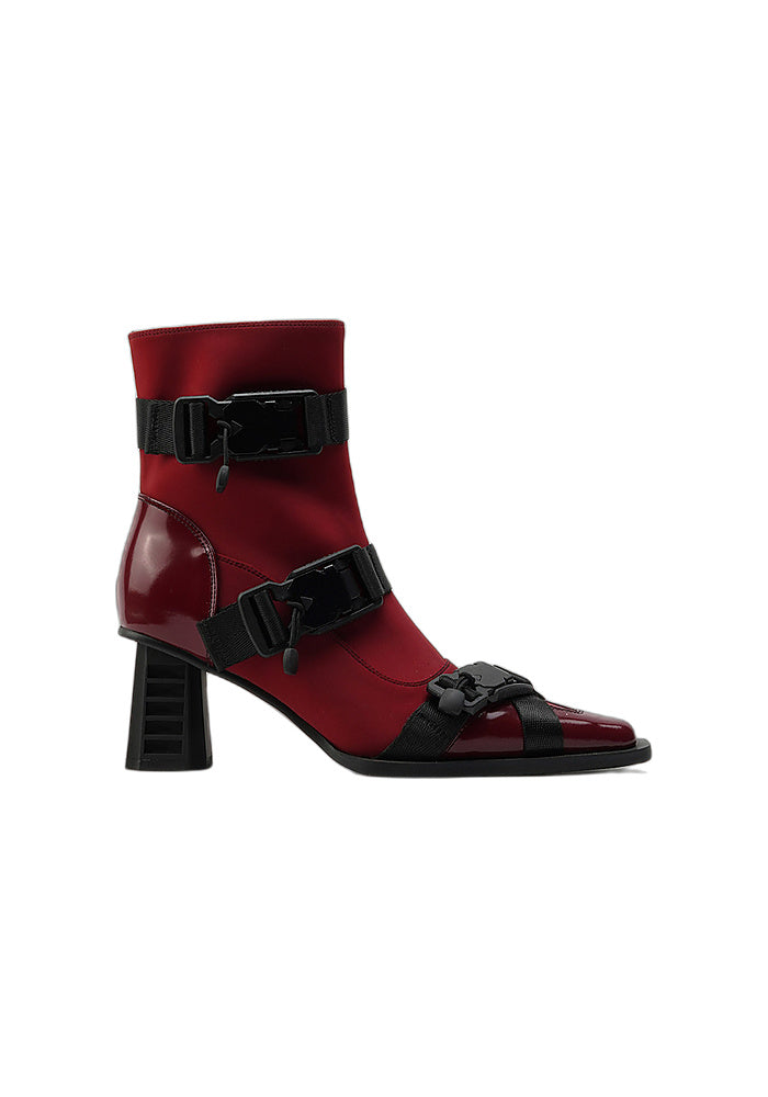 Techwear Stretch Satin Ankle Boots 6.5CM Grooved Block Heel Square Toe Quick Release Buckle Strap Gothic Booties