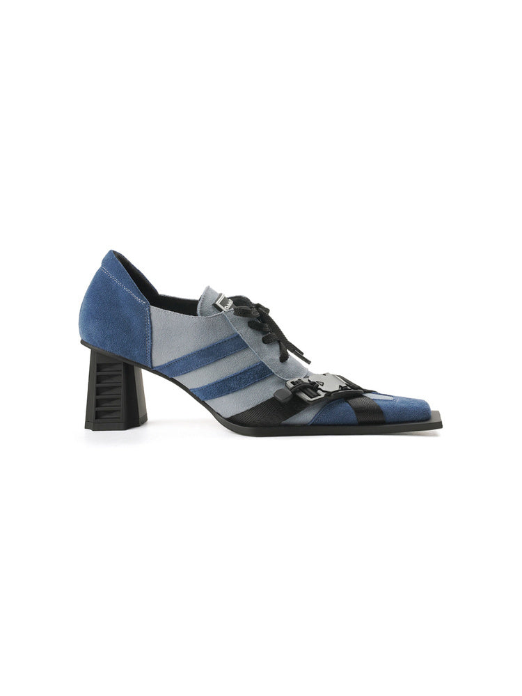 Contrast Lace-Up Block Heel Pumps