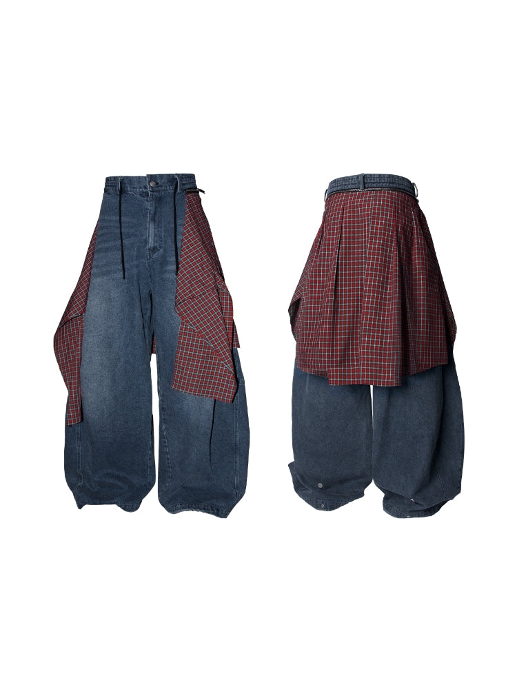 Spatial Relations (R) Multi-Color Striped Detachable Back Panel Oversized Washed Distressed Jeans