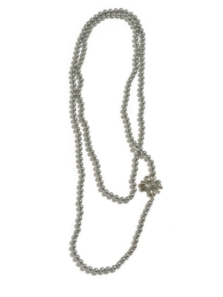 tokokkino “Gray and White Concept” Minimalist and Versatile Long Necklace with Two-Tone Pearl Bow