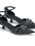 Arcadiagyal Original Design Black Burgundy Antique Finish Punk Pointed Toe Ankle Strap Kitten Heel High Heels
