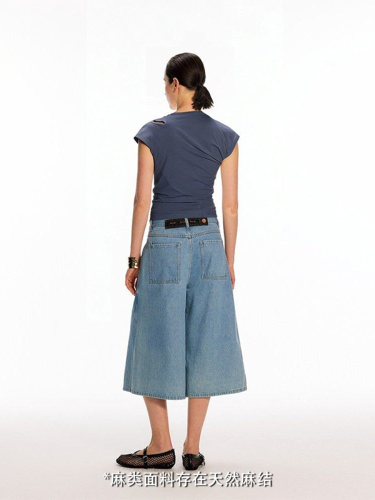 Dpercent Light Blue Vintage-Washed Adjustable-Waist Mid-Rise Loose-Fit, Slimming Wide-Leg Denim Shorts