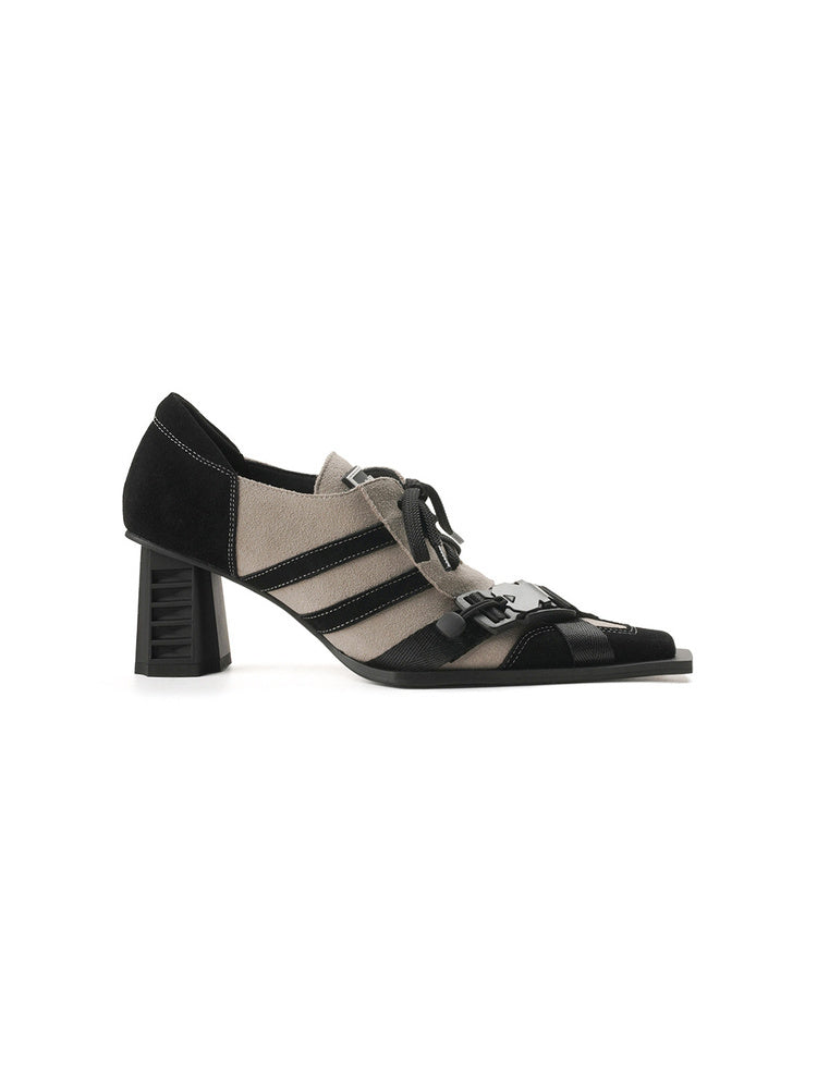Contrast Lace-Up Block Heel Pumps