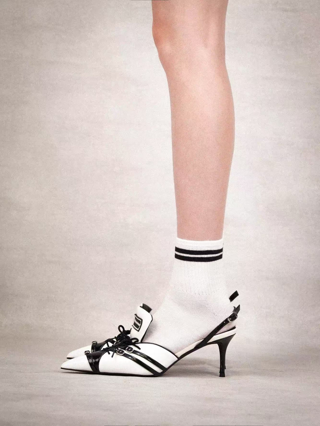 Patent Leather Lace-Up Slingback Pumps 7.5CM Stiletto Heel Pointed Toe Contrast Color Designer Mules