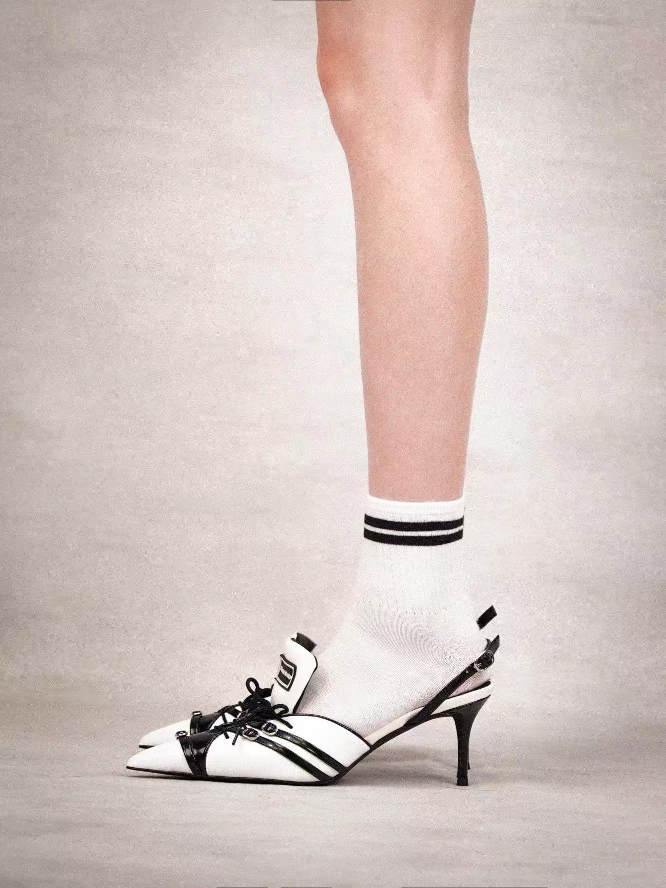 Patent Leather Lace-Up Slingback Pumps 7.5CM Stiletto Heel Pointed Toe Contrast Color Designer Mules