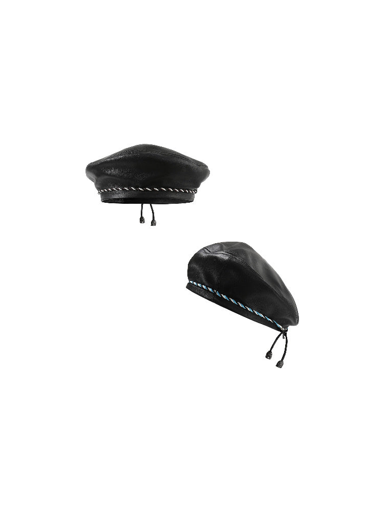 D.PERCENT Black Sheepskin Leather Beret - view 2