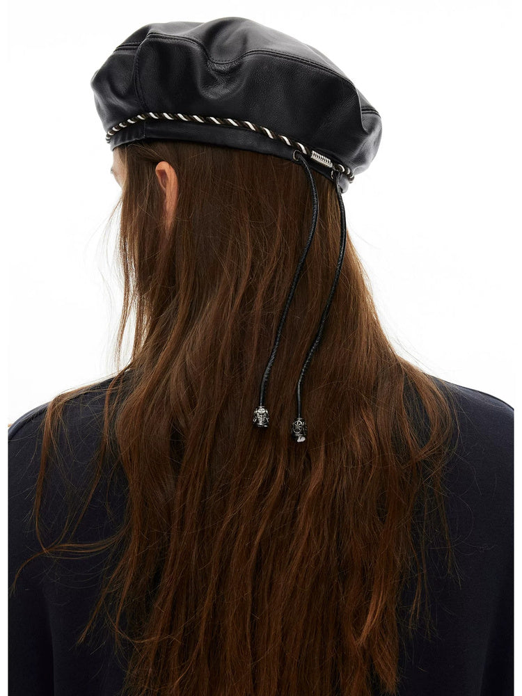 D.PERCENT Black Sheepskin Leather Beret - view 4