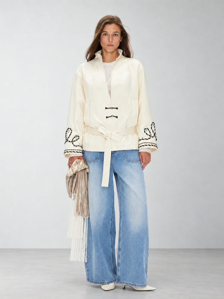 D.PERCENT Embroidered Tie-Waist Padded Jacket - view 1