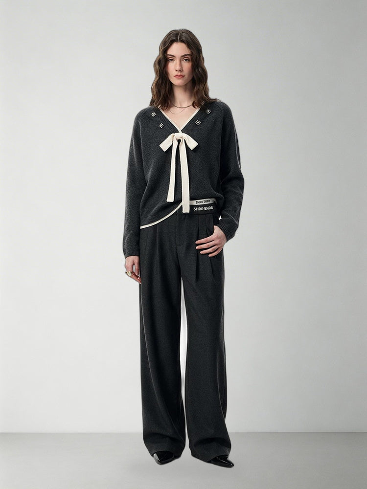 SHROENRO Beaded V-Neck Bow Knit Top