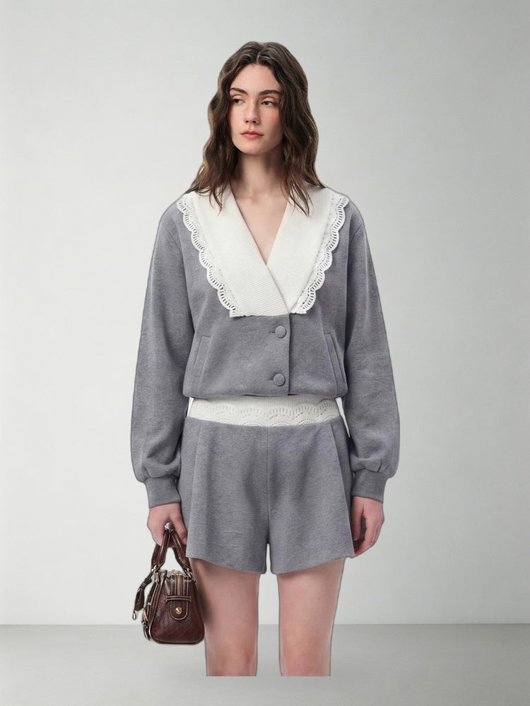 SHROENRO Lace-Trim V-Neck Cropped Sweatshirt
