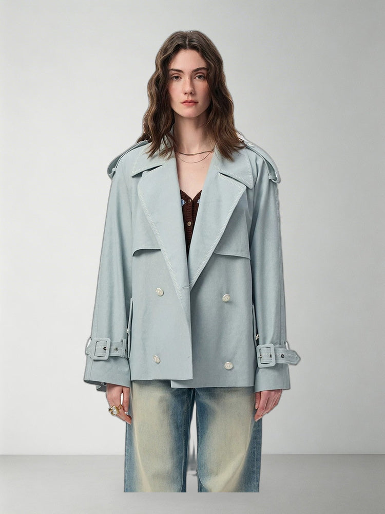 SHROENRO Embroidered Denim-Look Cropped Trench