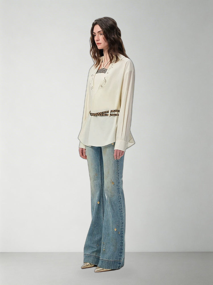 SHROENRO Rhinestone Leopard Layered Long Shirt