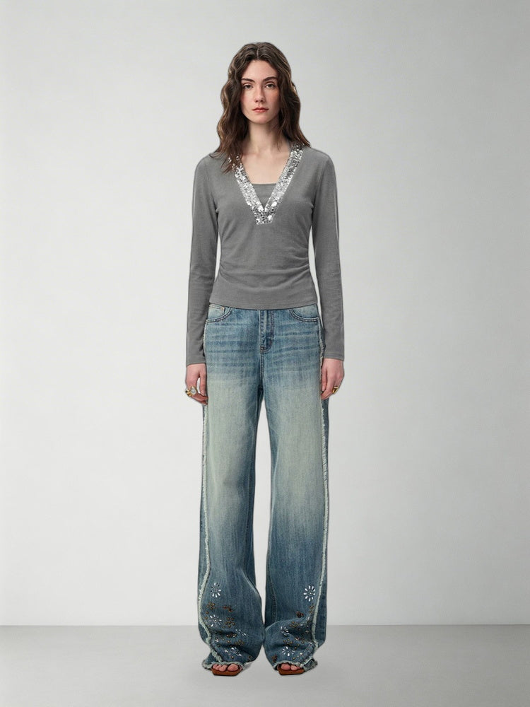 SHROENRO Sequin-Panel Halter Layered T-Shirt