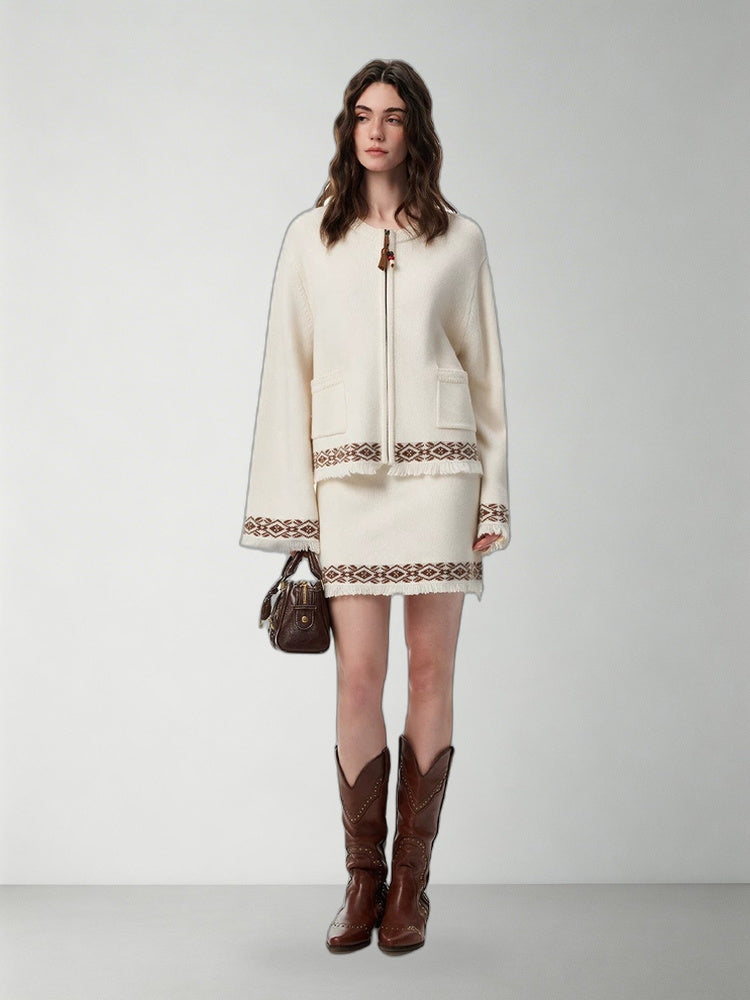 SHROENRO Jacquard Fringe Knit Cardigan