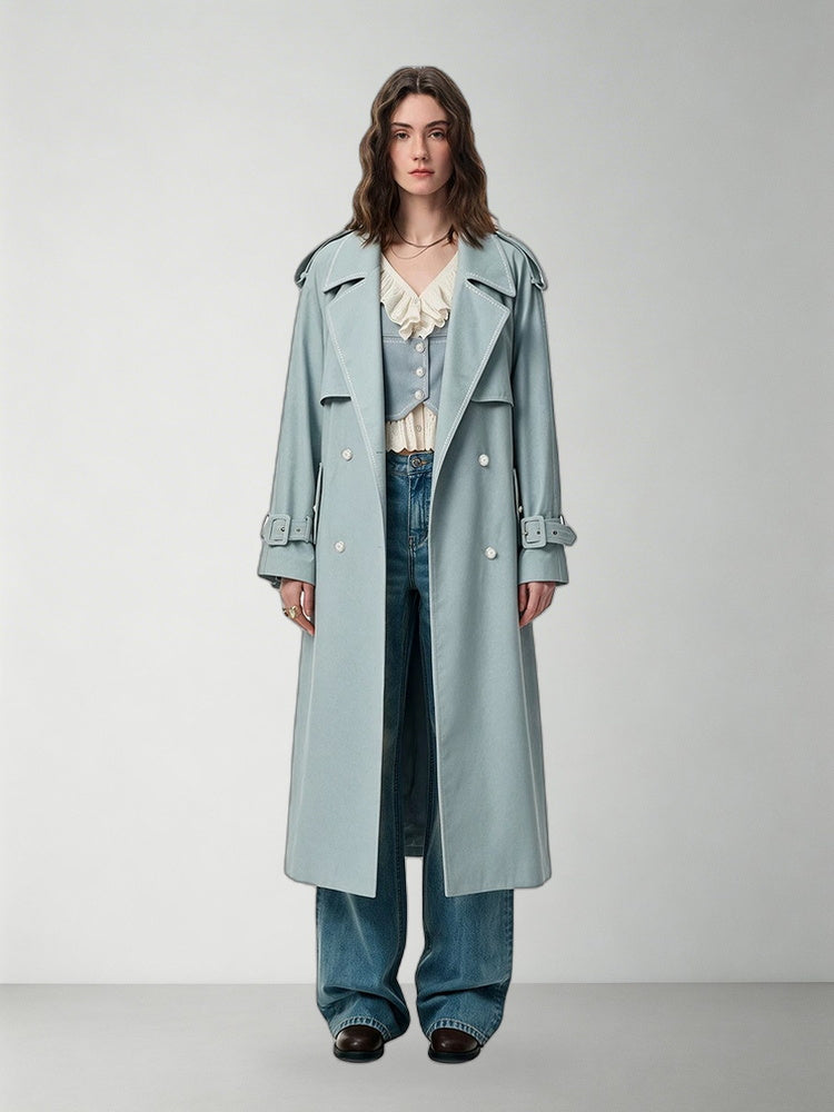 SHROENRO Embroidered Denim-Look Double-Breasted Trench Coat