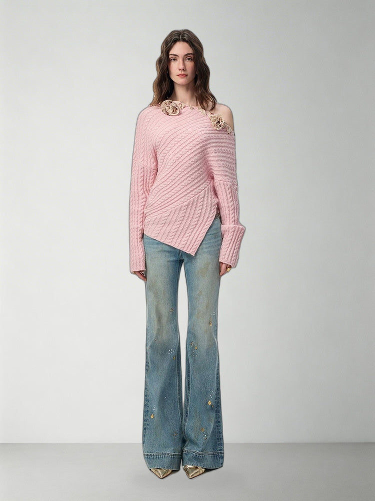 SHROENRO 3D Floral Asymmetric Off-Shoulder Knit Top
