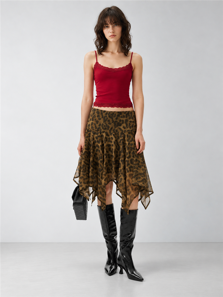 2AM POETRY Leopard Print Handkerchief-Hem Midi Skirt