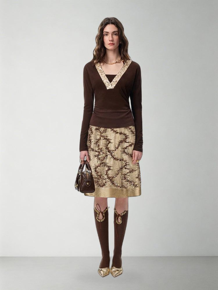SHROENRO Embellished Lace-Layered Midi Skirt