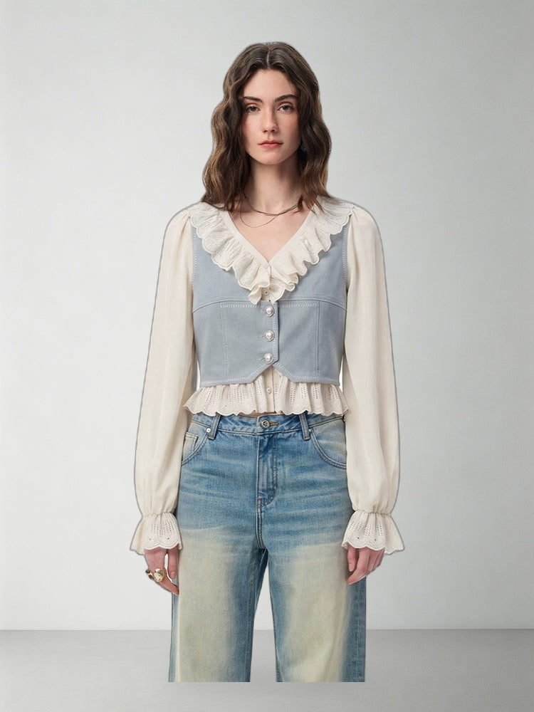 SHROENRO Embroidered Denim-Look Vest and Shirt Set