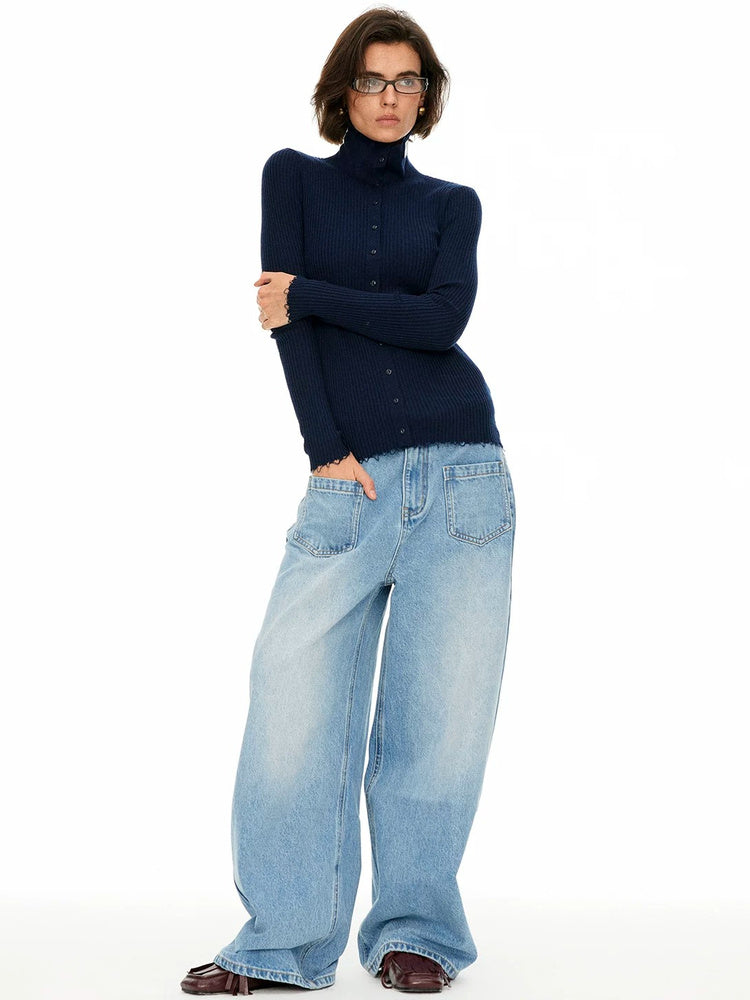 D.PERCENT Ribbed Button Cardigan