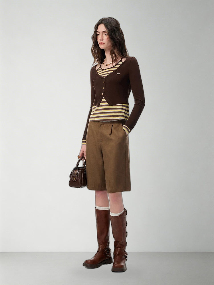 SHROENRO Brown Contrast Frayed-Hem Culottes