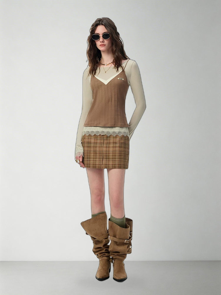 SHROENRO Contrast Lace-Trim Knit Two-Piece Top
