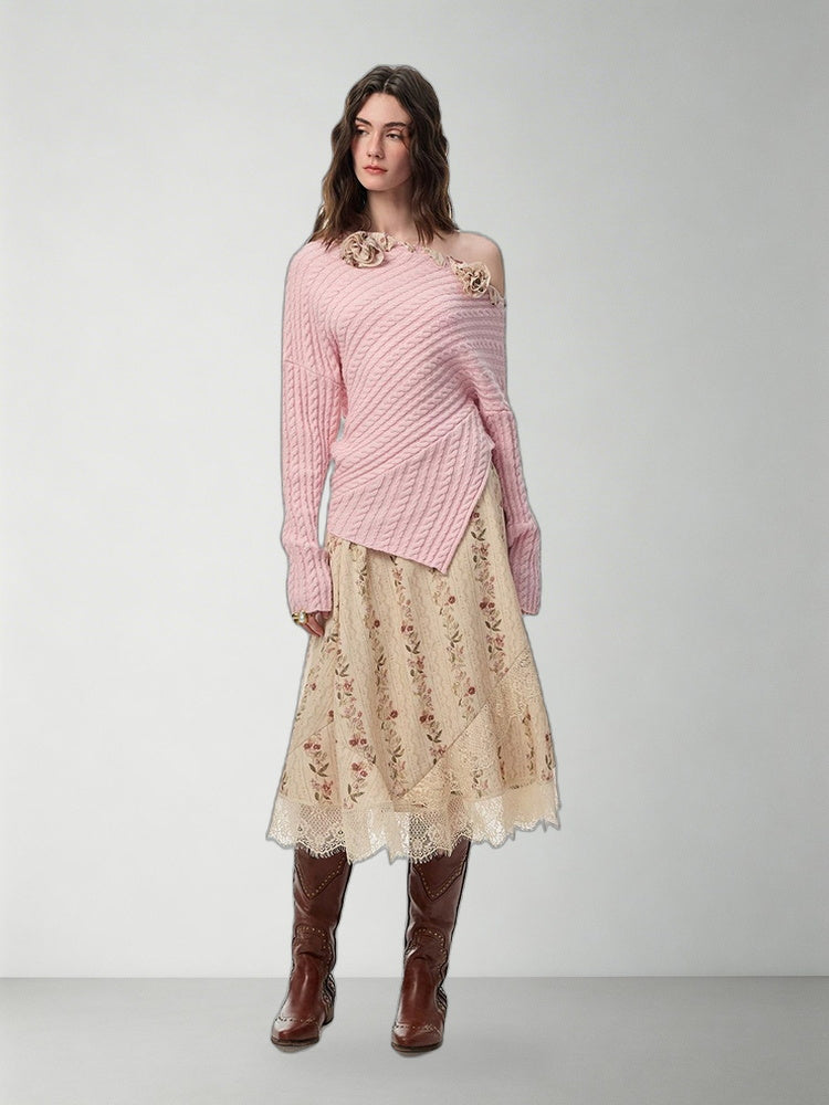 SHROENRO Asymmetric Lace-Panel Floral Midi Skirt