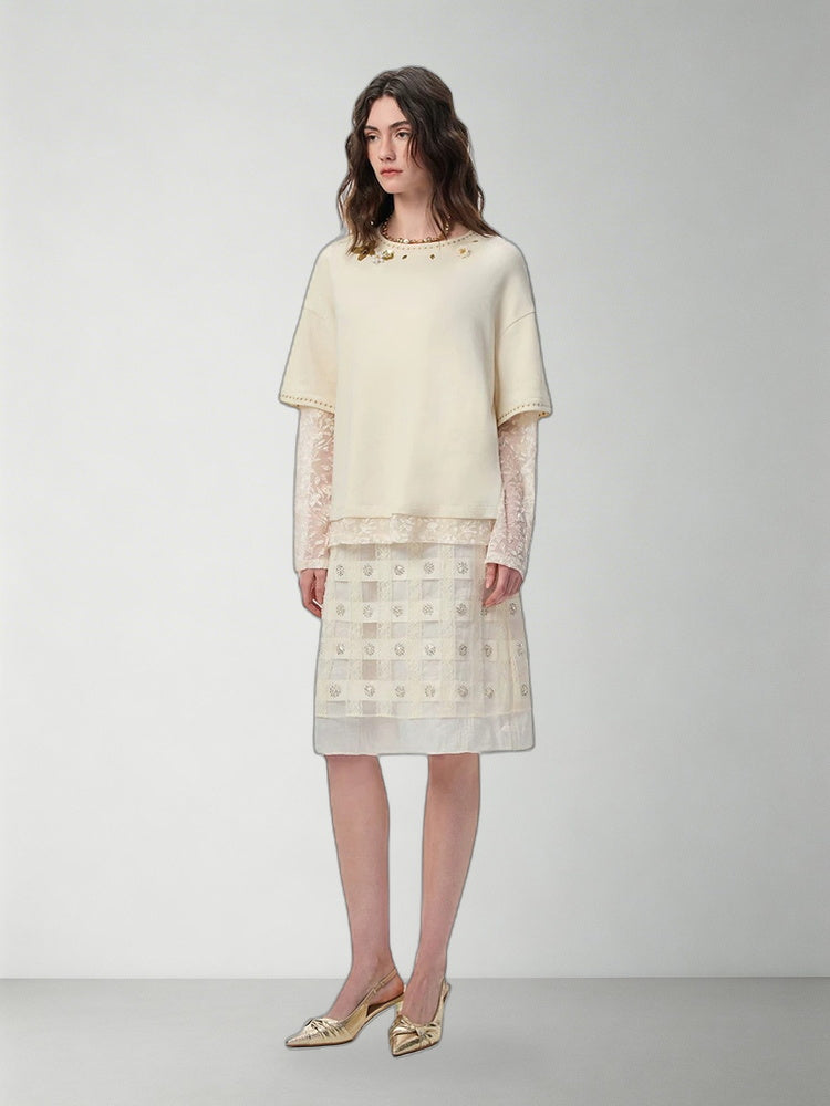SHROENRO Beaded Lace-Layered Long-Sleeve Top