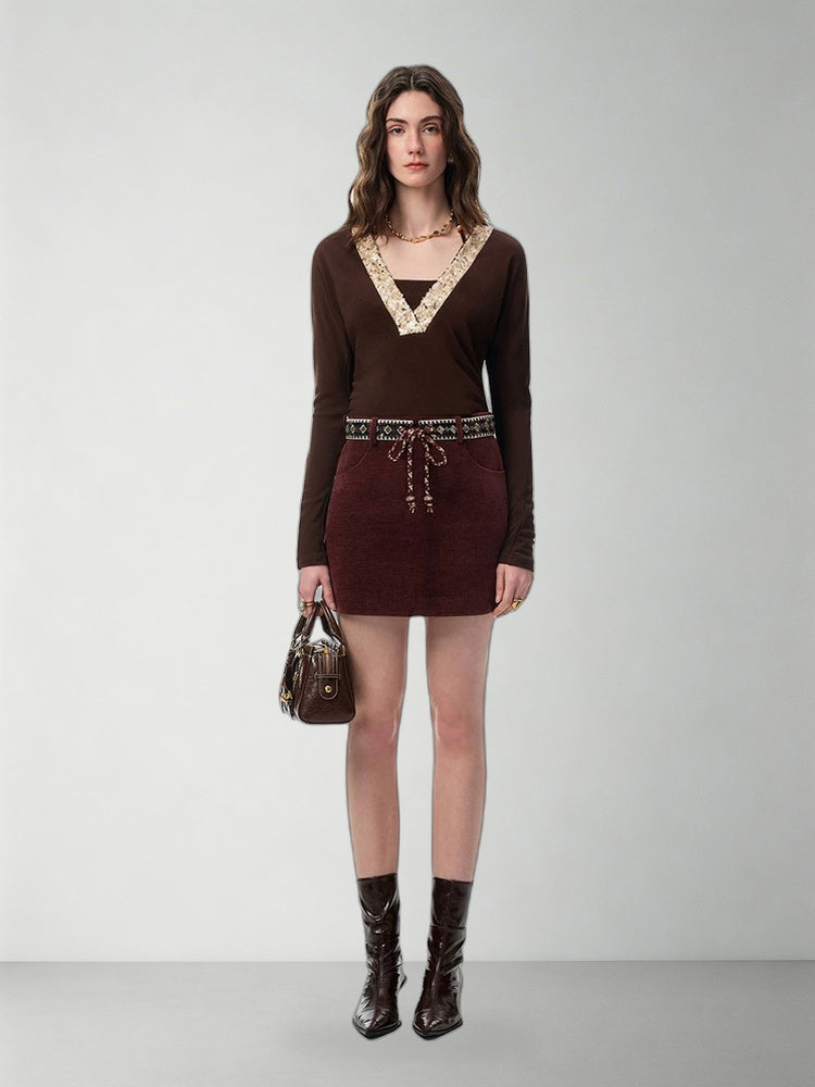 SHROENRO Lace-Trim High-Waisted A-Line Mini Skirt