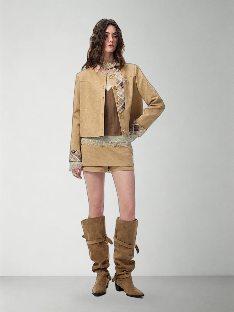 SHROENRO Vintage Plaid Cropped Jacket