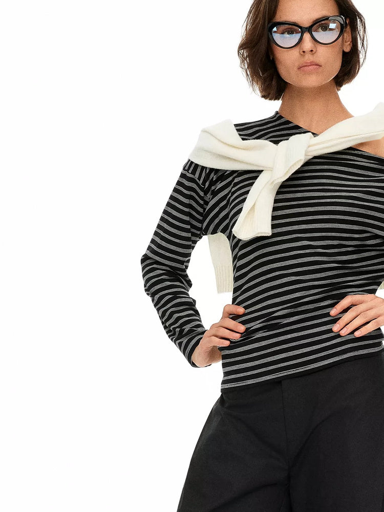 D.PERCENT Striped Asymmetric-Neck Long-Sleeve Top