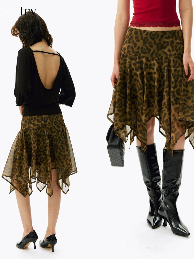 2AM POETRY Leopard Print Handkerchief-Hem Midi Skirt