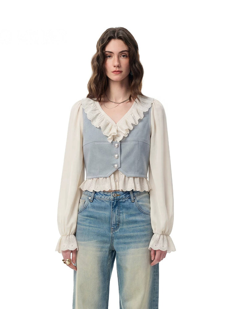 SHROENRO Embroidered Denim-Look Vest and Shirt Set