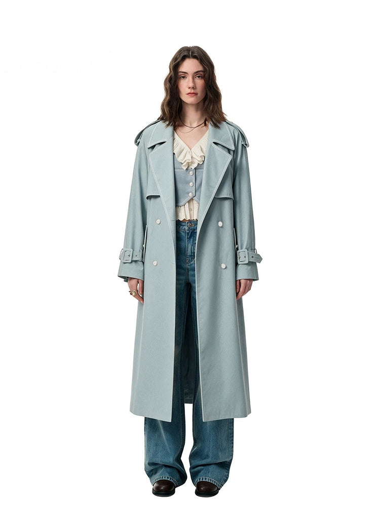 SHROENRO Embroidered Denim-Look Double-Breasted Trench Coat
