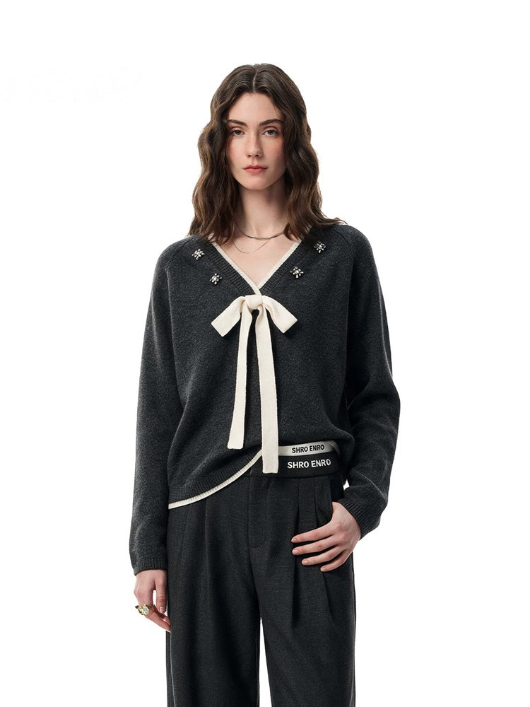 SHROENRO Beaded V-Neck Bow Knit Top