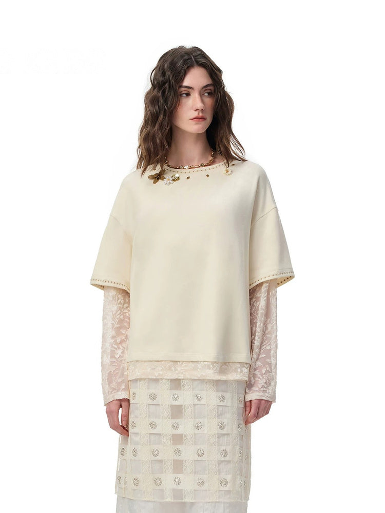 SHROENRO Beaded Lace-Layered Long-Sleeve Top