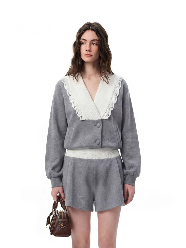 SHROENRO Lace-Trim V-Neck Cropped Sweatshirt