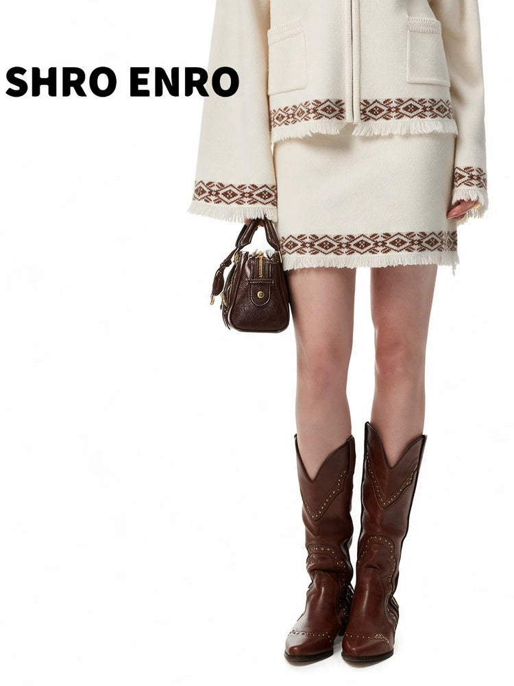 SHROENRO Jacquard Fringe Knit Mini Skirt