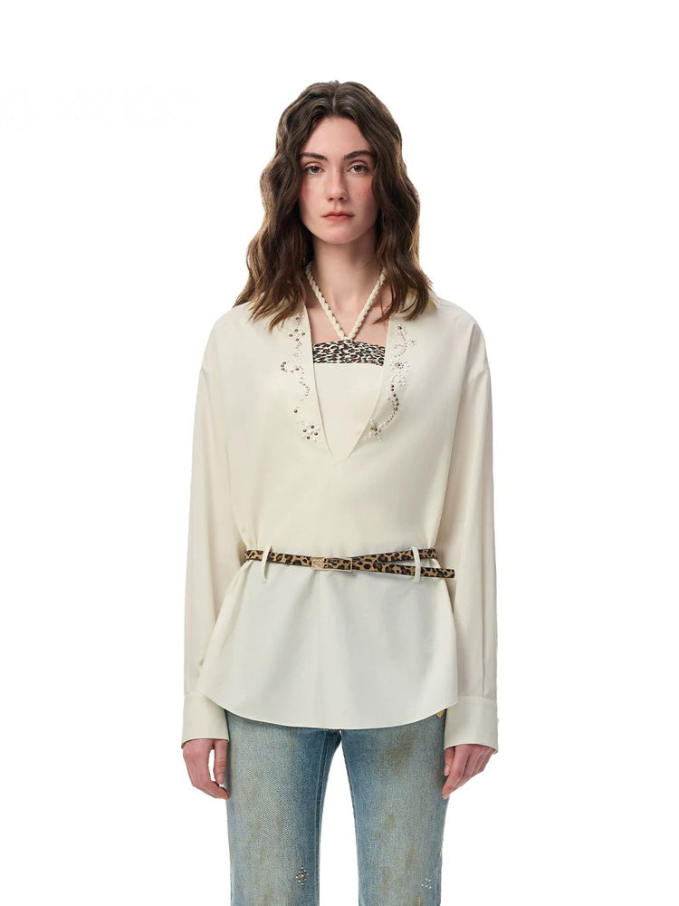 SHROENRO Rhinestone Leopard Layered Long Shirt