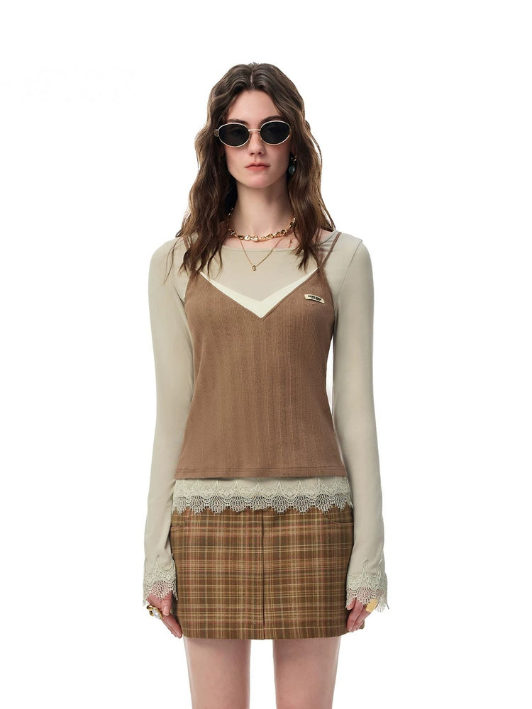 SHROENRO Contrast Lace-Trim Knit Two-Piece Top