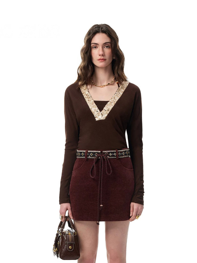 SHROENRO Sequin-Panel Halter Layered T-Shirt