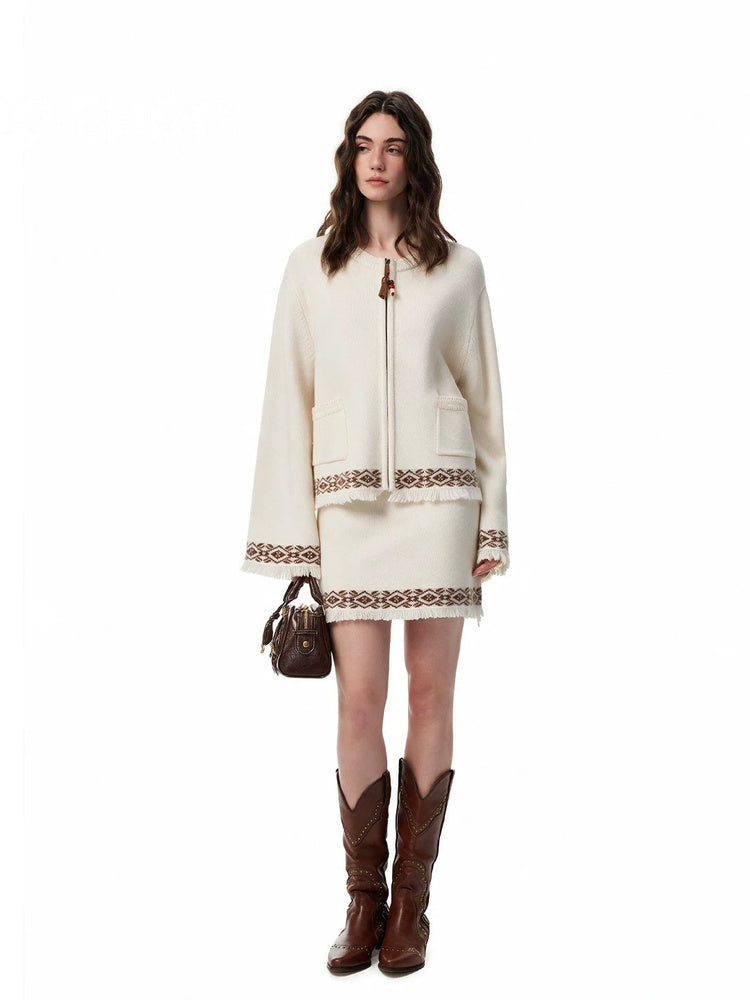 SHROENRO Jacquard Fringe Knit Cardigan
