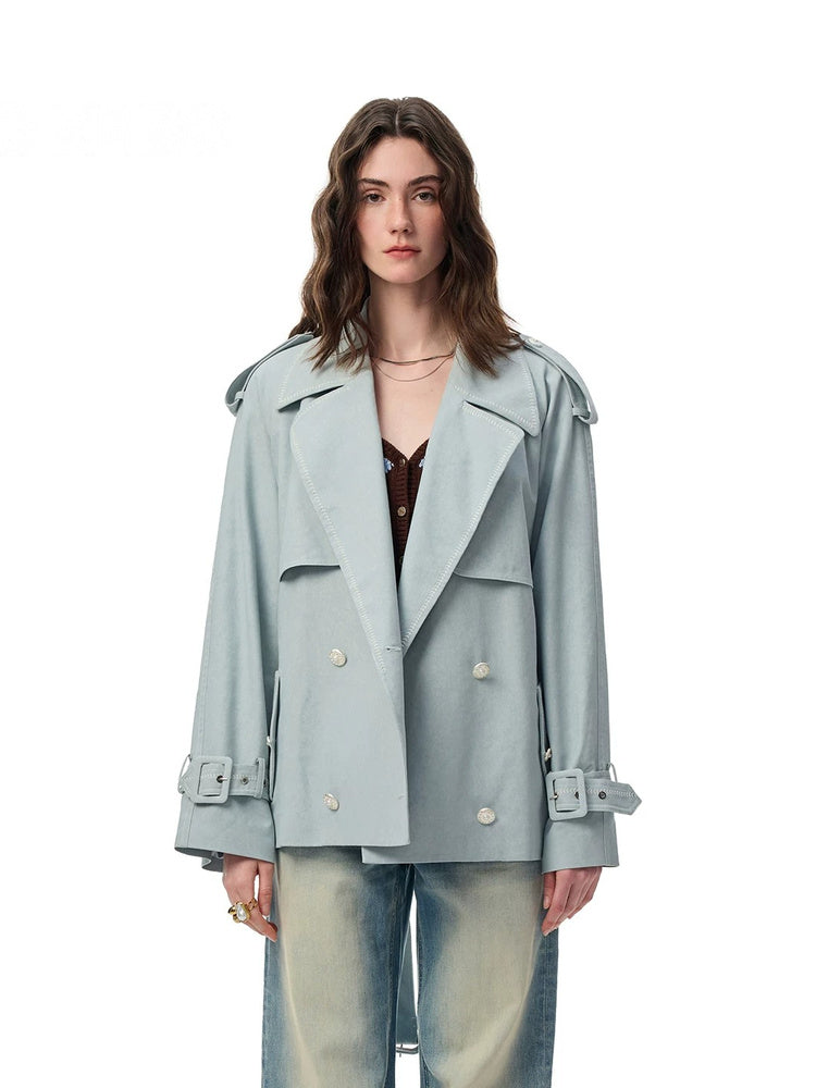 SHROENRO Embroidered Denim-Look Cropped Trench