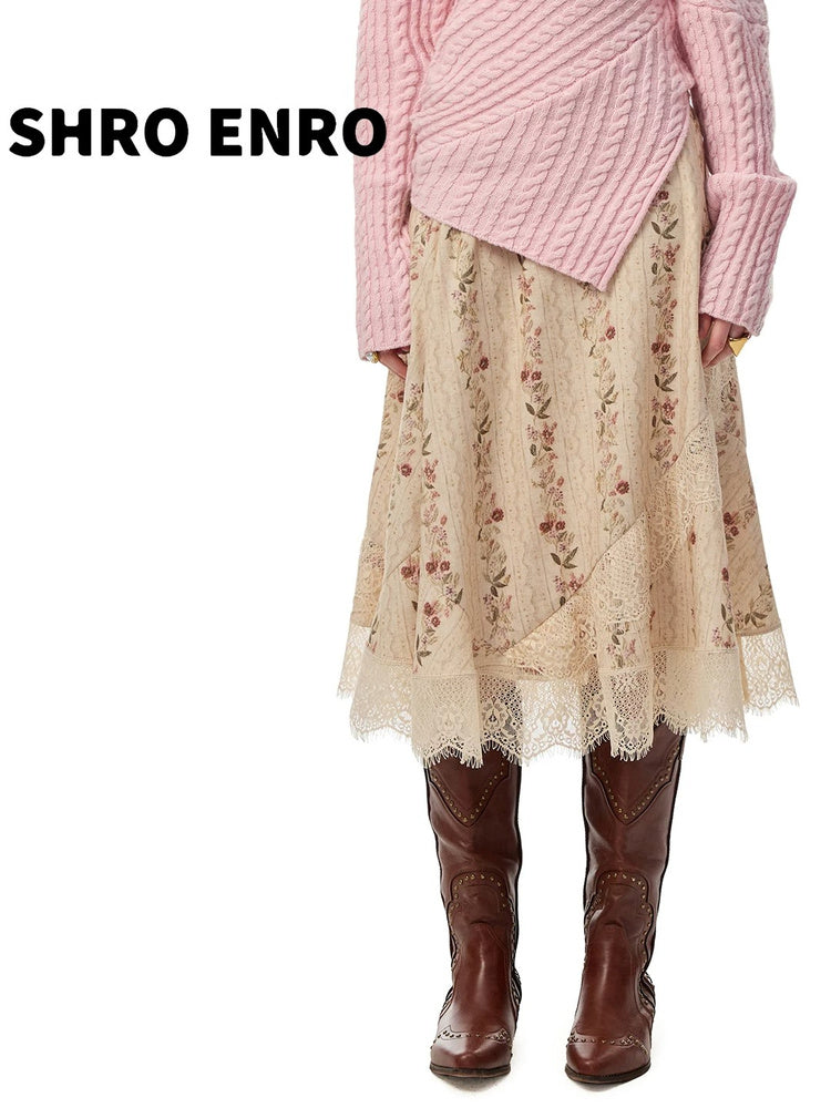 SHROENRO Asymmetric Lace-Panel Floral Midi Skirt