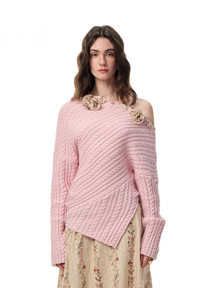 SHROENRO 3D Floral Asymmetric Off-Shoulder Knit Top