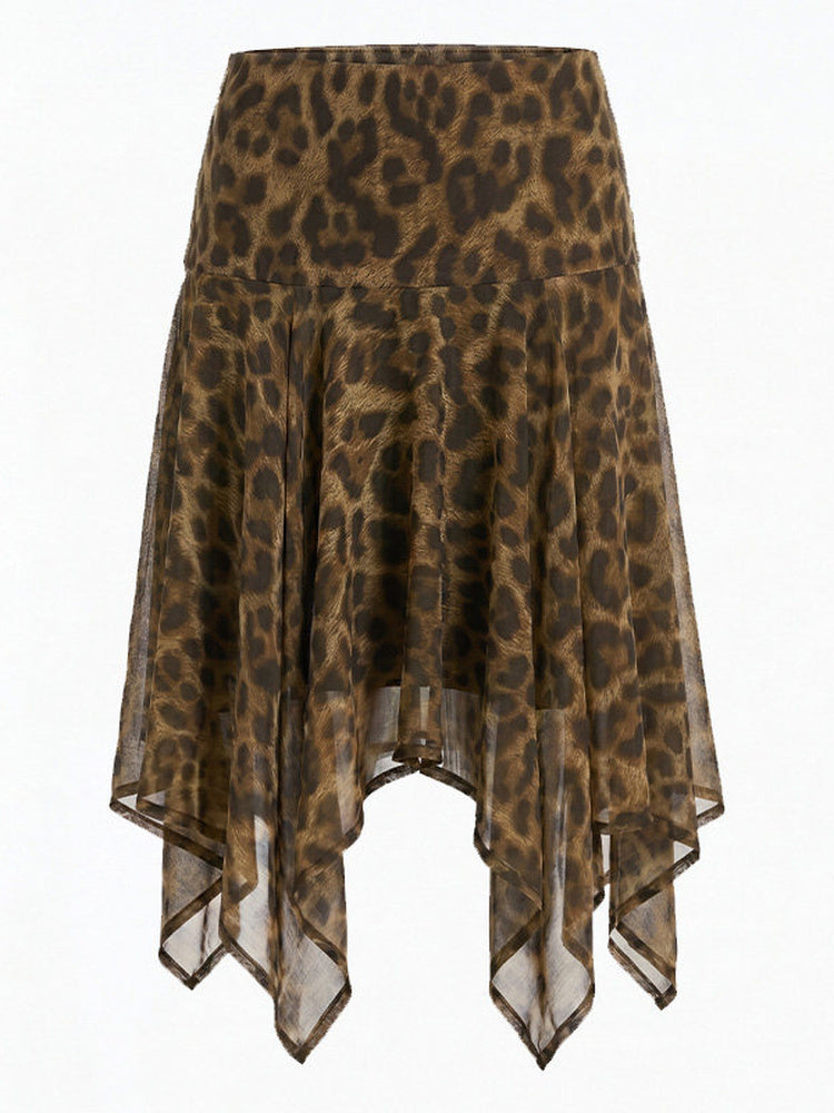 2AM POETRY Leopard Print Handkerchief-Hem Midi Skirt