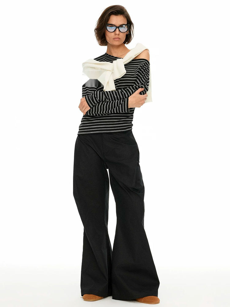 D.PERCENT Striped Asymmetric-Neck Long-Sleeve Top