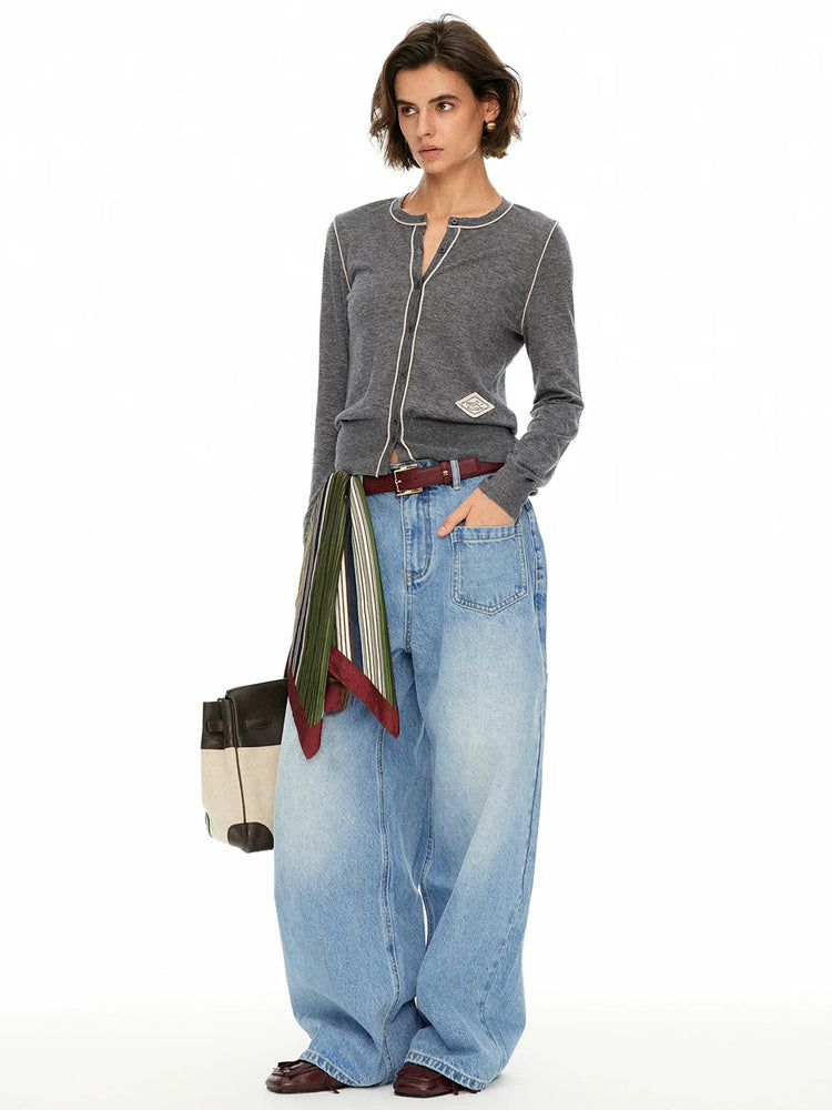 D.PERCENT Contrast-Trim Knit Cardigan